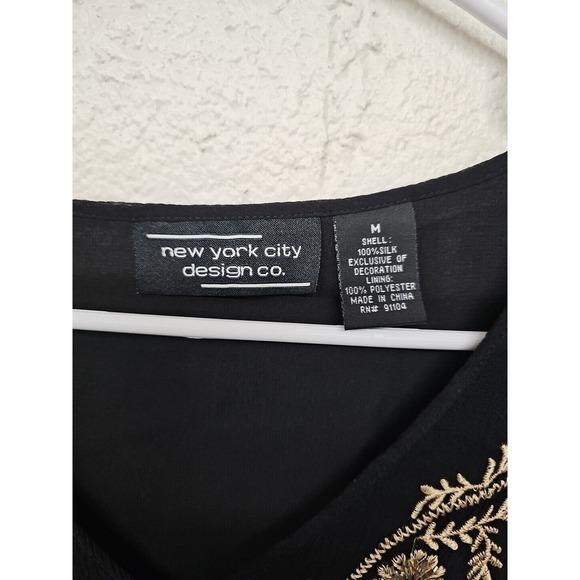 New York City Shirt Medium Embroidered Beaded Black Silk Sheer Sleeve Black Gold - Picture 3 of 8